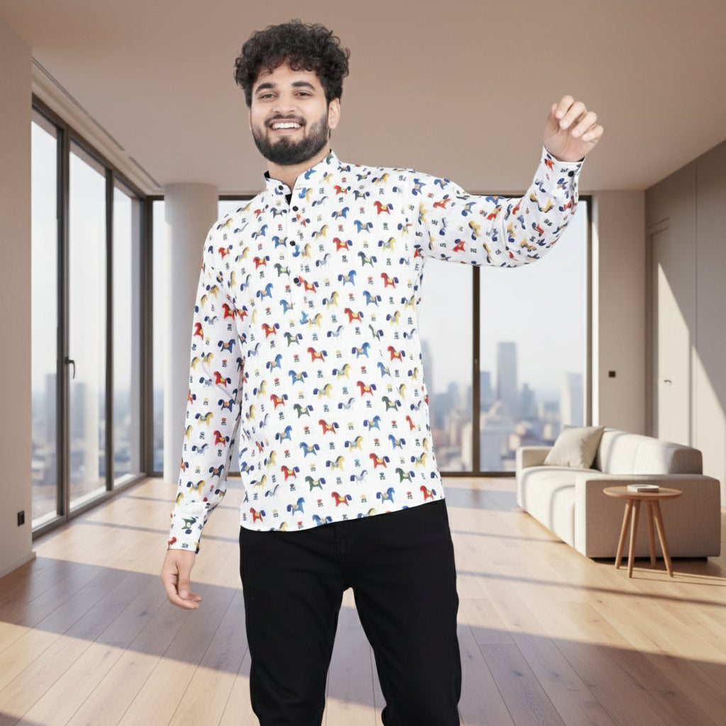 Generic Men's Cotton Blended Printed Full Sleeve Shortkurta (Multicolor)