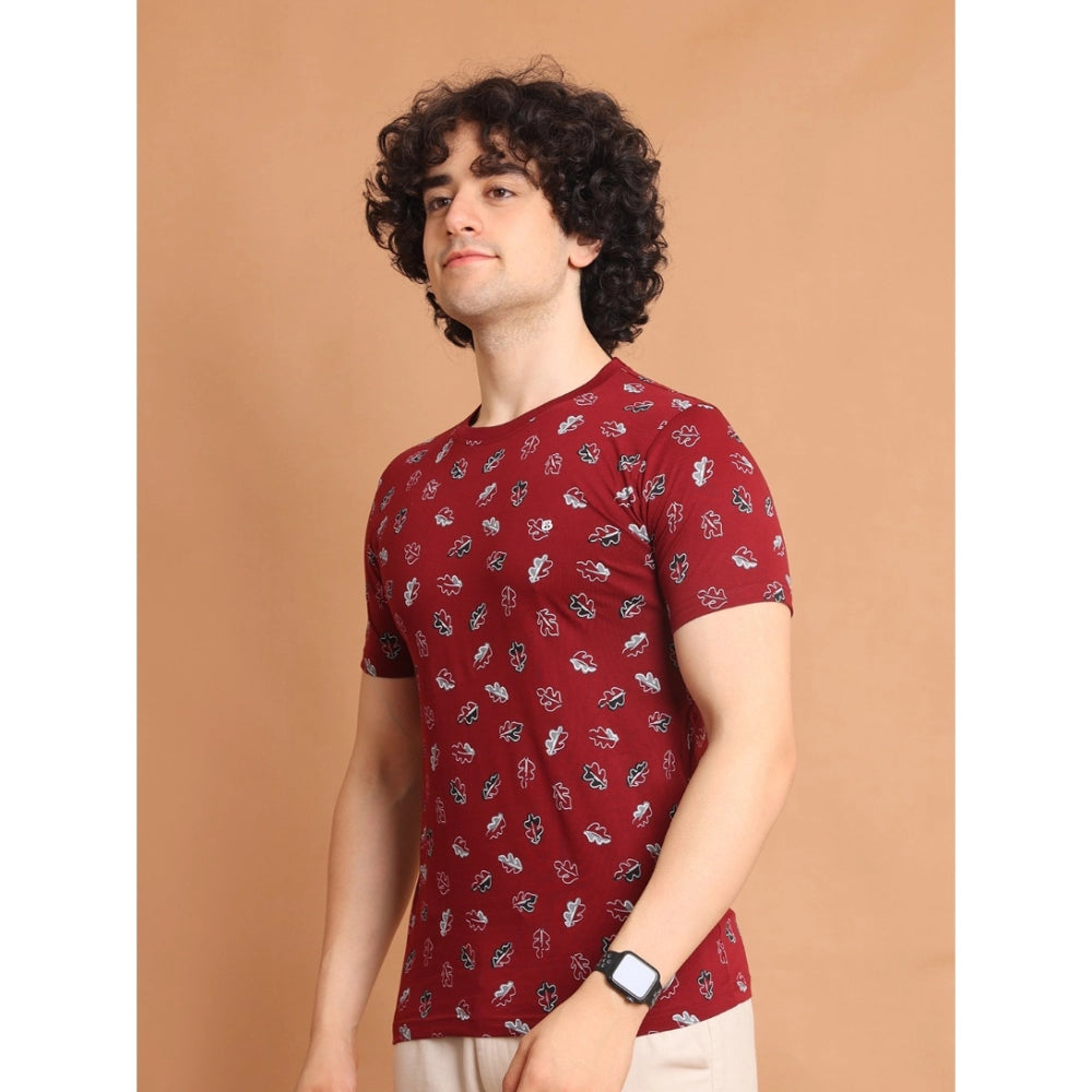 Generic Men's Casual Cotton Printed Round Neck Half Sleeve T-Shirt (Maroon)