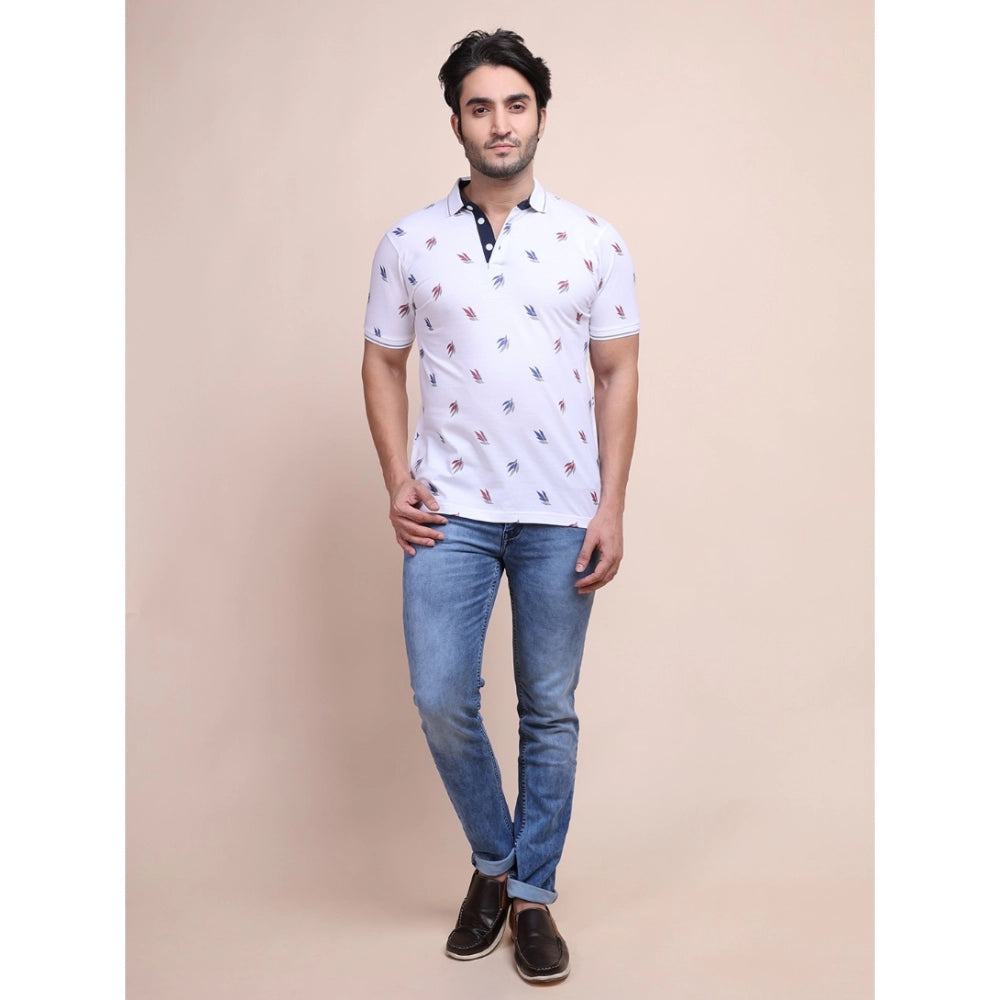 Generic Men's Casual Cotton Printed Polo Neck Half Sleeve T-Shirt (White)