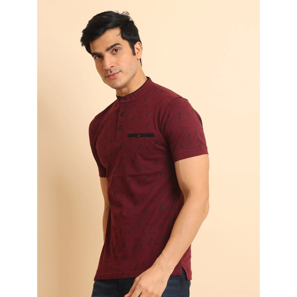 Generic Men's Casual Cotton Printed Mandarin Collar Half Sleeve T-Shirt (Plum)