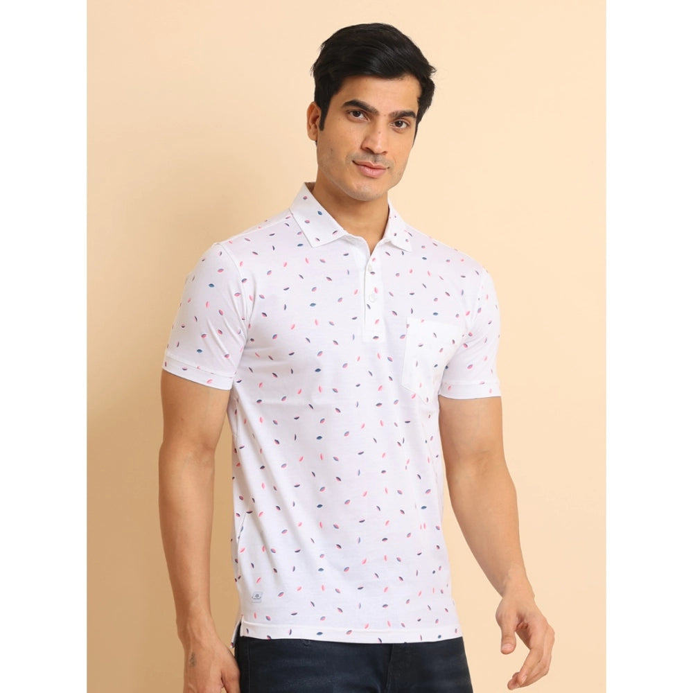 Generic Men's Casual Cotton Printed Polo Neck Half Sleeve T-Shirt (White)