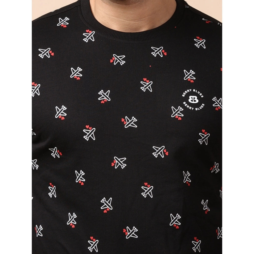 Generic Men's Casual Cotton Printed Round Neck Full Sleeve Sweat T-Shirt (Black)
