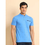 Generic Men's Casual Cotton Printed Mandarin Collar Half Sleeve T-Shirt (LightBlue)