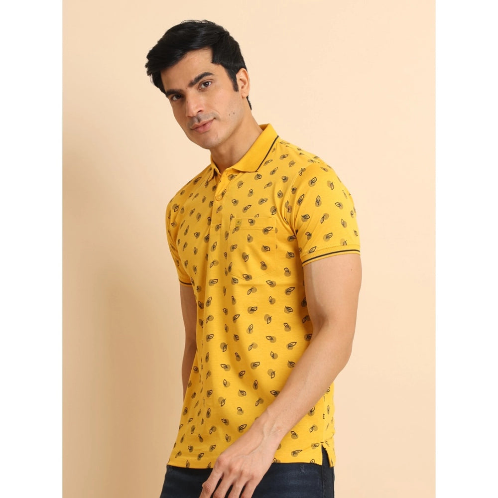 Generic Men's Casual Cotton Printed Polo Neck Half Sleeve T-Shirt (Mustard)
