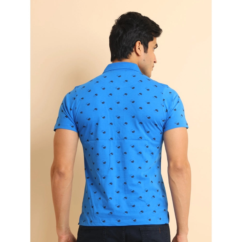 Generic Men's Casual Cotton Printed Polo Neck Half Sleeve T-Shirt (Blue)
