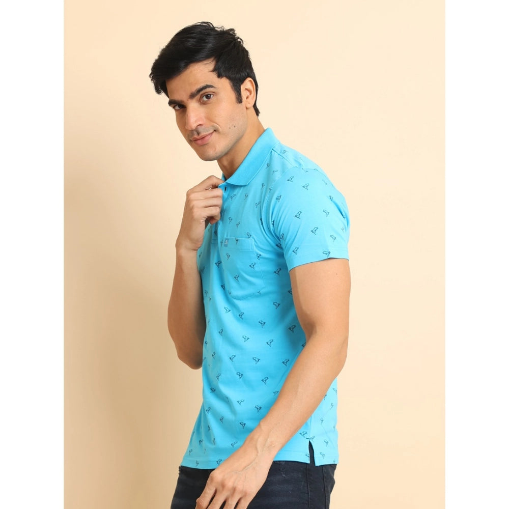 Generic Men's Casual Cotton Printed Polo Neck Half Sleeve T-Shirt (Skyblue)