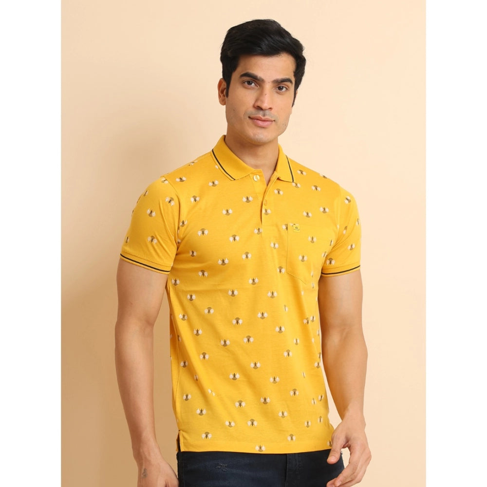 Generic Men's Casual Cotton Printed Polo Neck Half Sleeve T-Shirt (Mustard)