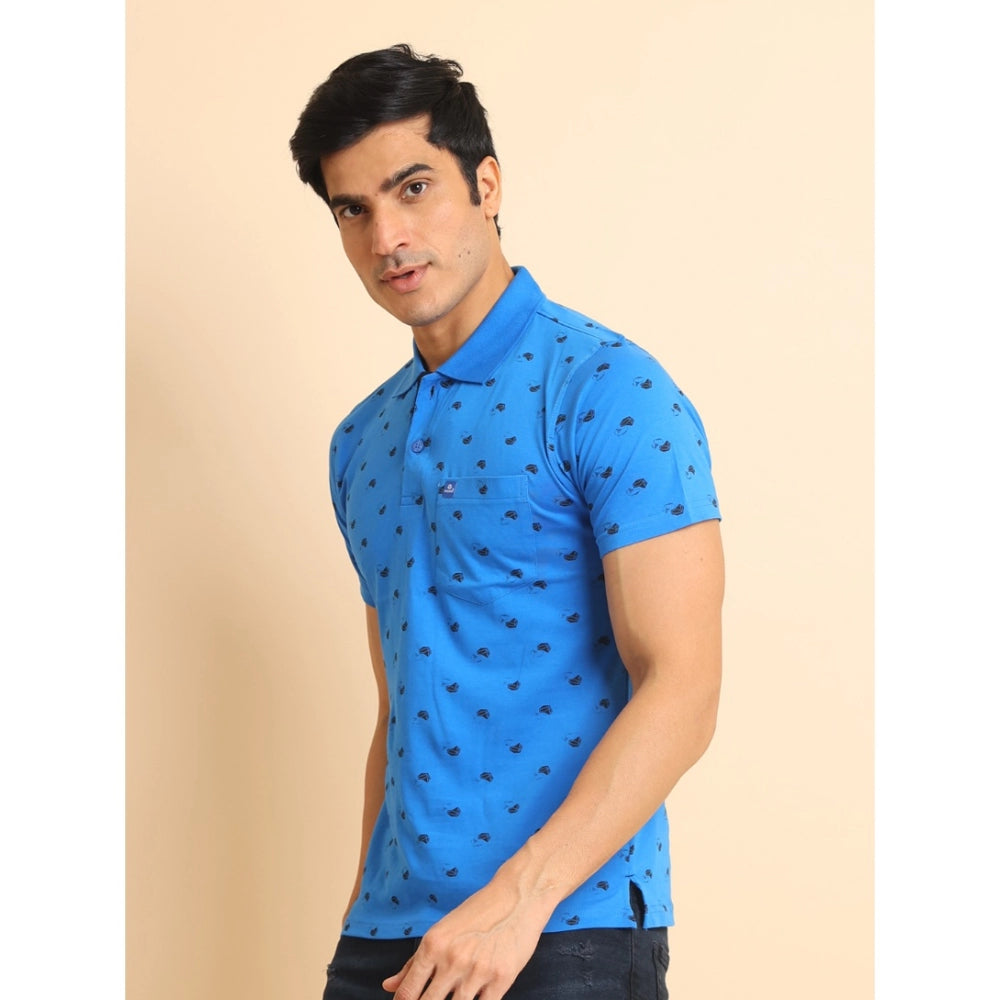 Generic Men's Casual Cotton Printed Polo Neck Half Sleeve T-Shirt (Blue)