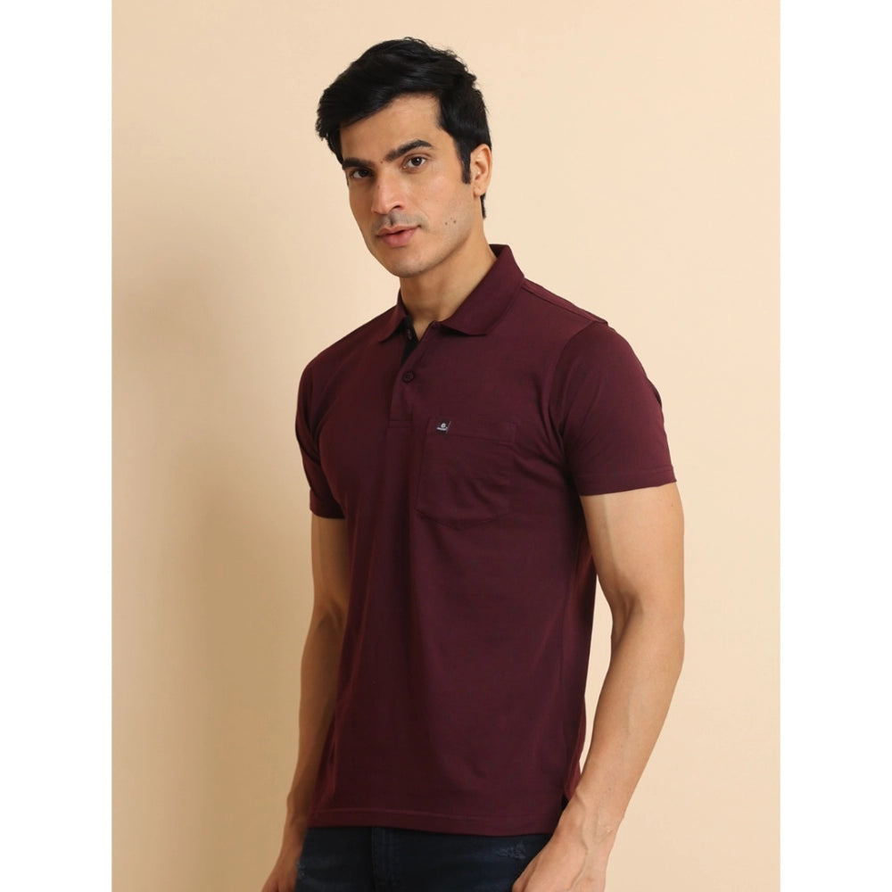 Generic Men's Casual Cotton Printed Polo Neck Half Sleeve T-Shirt (Wine)