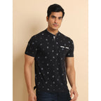 Generic Men's Casual Cotton Printed Mandarin Collar Half Sleeve T-Shirt (Black)