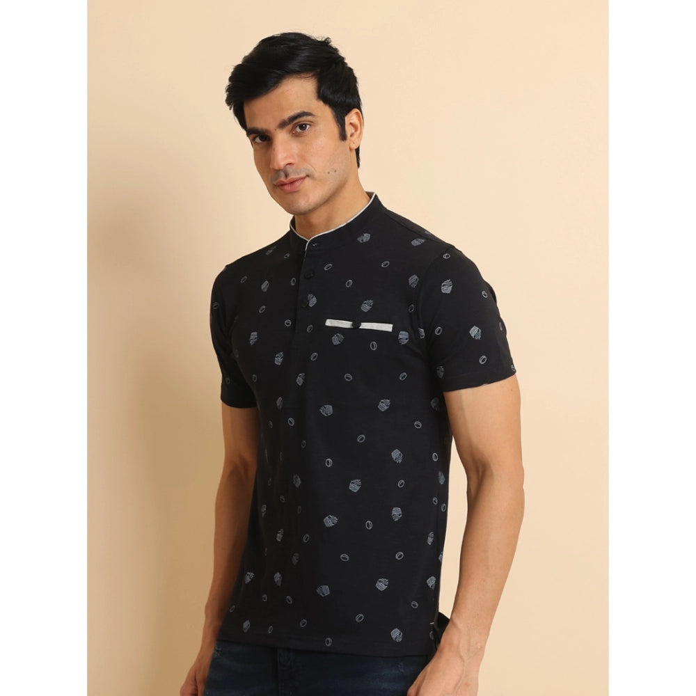 Generic Men's Casual Cotton Printed Mandarin Collar Half Sleeve T-Shirt (Black)