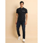 Generic Men's Casual Cotton Printed Mandarin Collar Half Sleeve T-Shirt (Black)