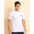 Generic Men's Casual Cotton Printed Mandarin Collar Half Sleeve T-Shirt (White)