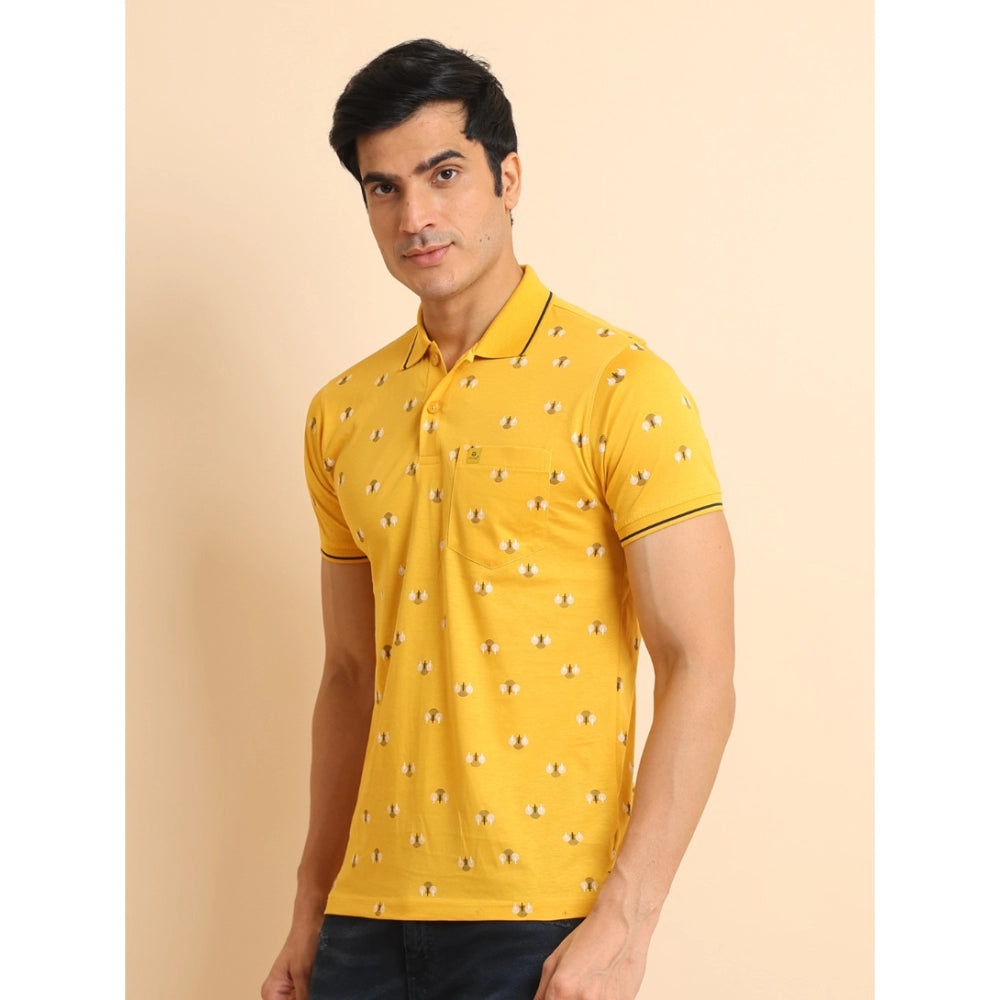 Generic Men's Casual Cotton Printed Polo Neck Half Sleeve T-Shirt (Mustard)