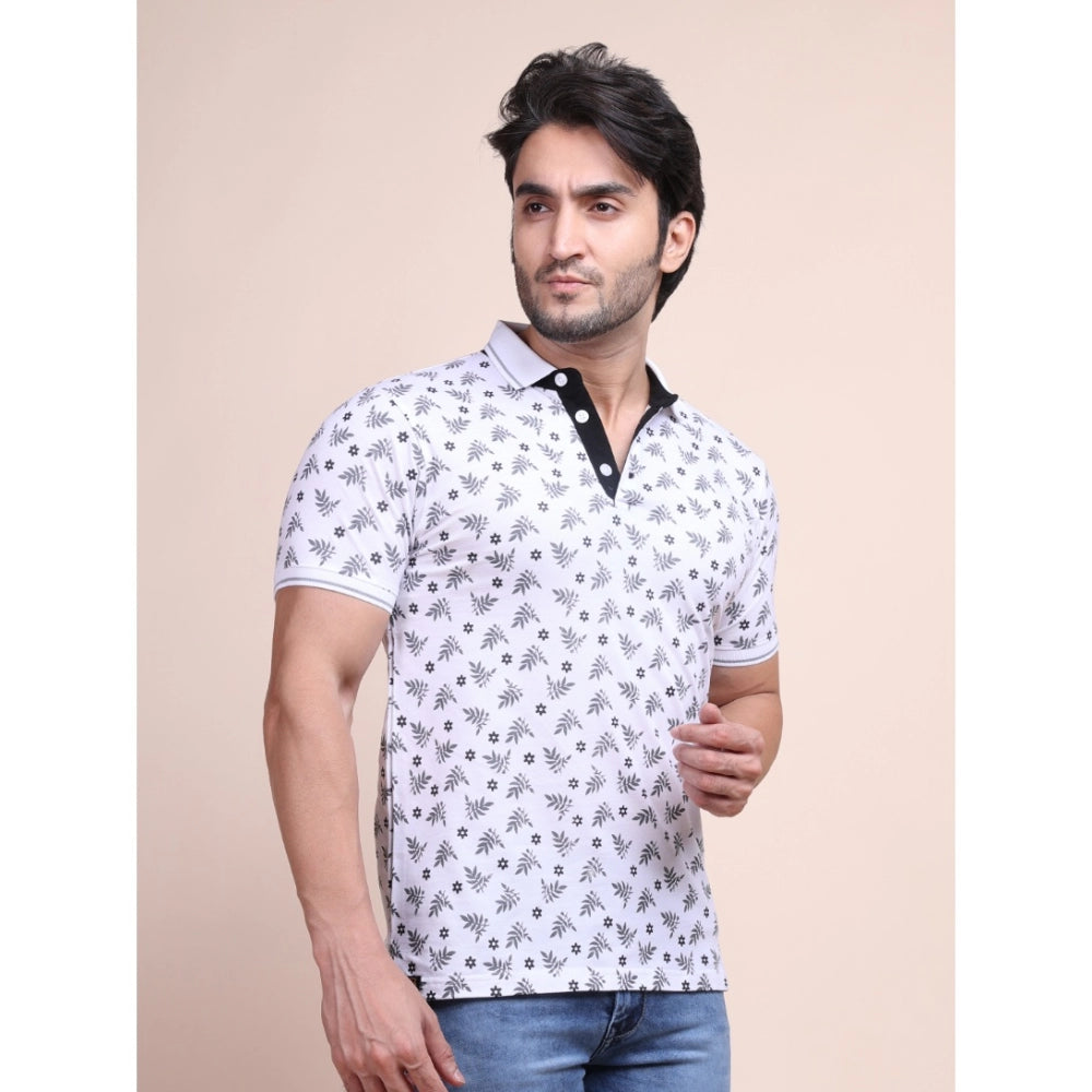 Generic Men's Casual Cotton Printed Polo Neck Half Sleeve T-Shirt (White)