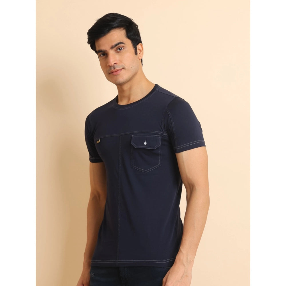 Generic Men's Casual Cotton Solid Round Neck Half Sleeve T-Shirt (Navy)