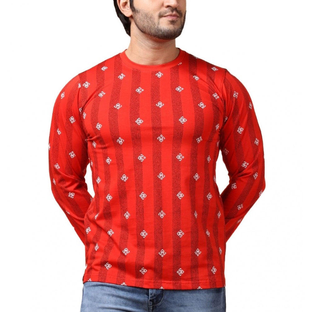 Generic Men's Casual Cotton Printed Round Neck Full Sleeve T-Shirt (Red)