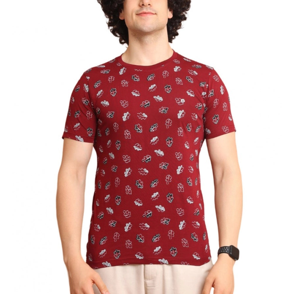 Generic Men's Casual Cotton Printed Round Neck Half Sleeve T-Shirt (Maroon)