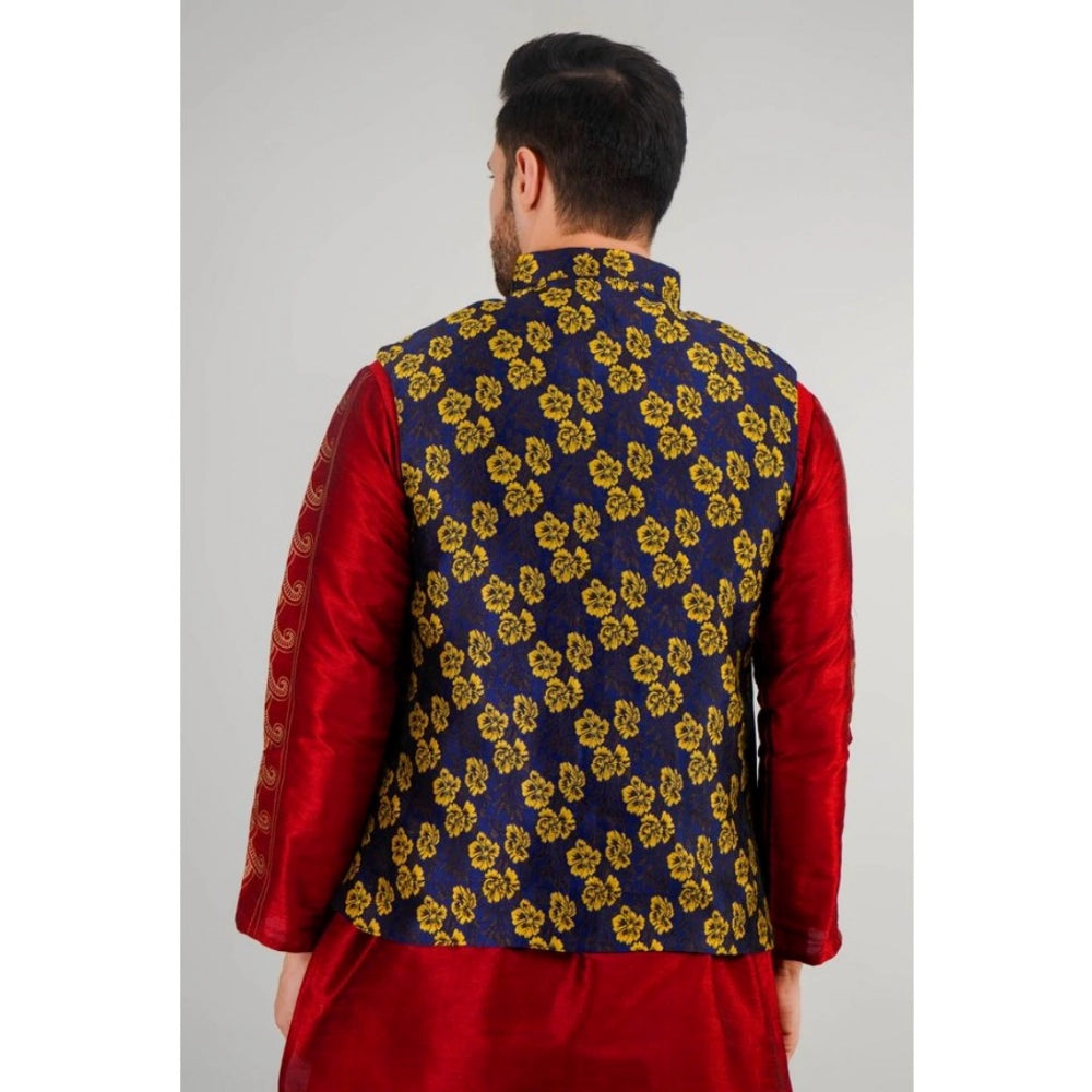 Generic Men's Jacquard Self-Design Sleeveless Mandarin Neck Waistcoat (Blue-Gold)