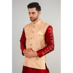 Generic Men's Jacquard Self-Design Sleeveless Mandarin Neck Waistcoat (Beige)