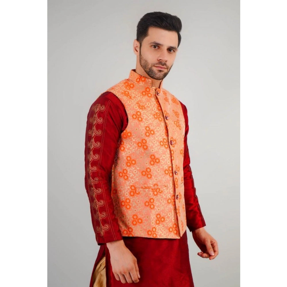 Generic Men's Jacquard Self-Design Sleeveless Mandarin Neck Waistcoat (Orange)