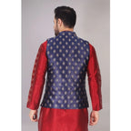 Generic Men's Jacquard Self-Design Sleeveless Mandarin Neck Waistcoat (NavyBlue-Gold)