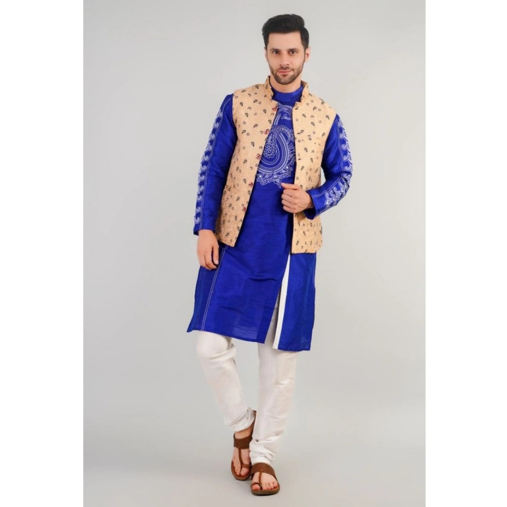 Generic Men's Jacquard Self-Design Sleeveless Mandarin Neck Waistcoat (Beige)