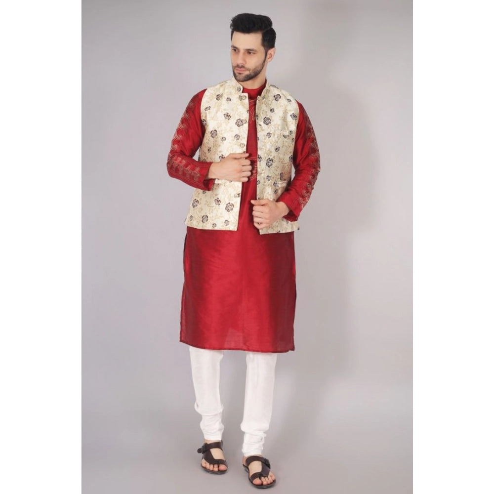 Generic Men's Jacquard Self-Design Sleeveless Mandarin Neck Waistcoat (Cream)