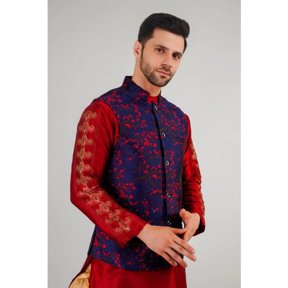 Generic Men's Jacquard Self-Design Sleeveless Mandarin Neck Waistcoat (Blue-Red)