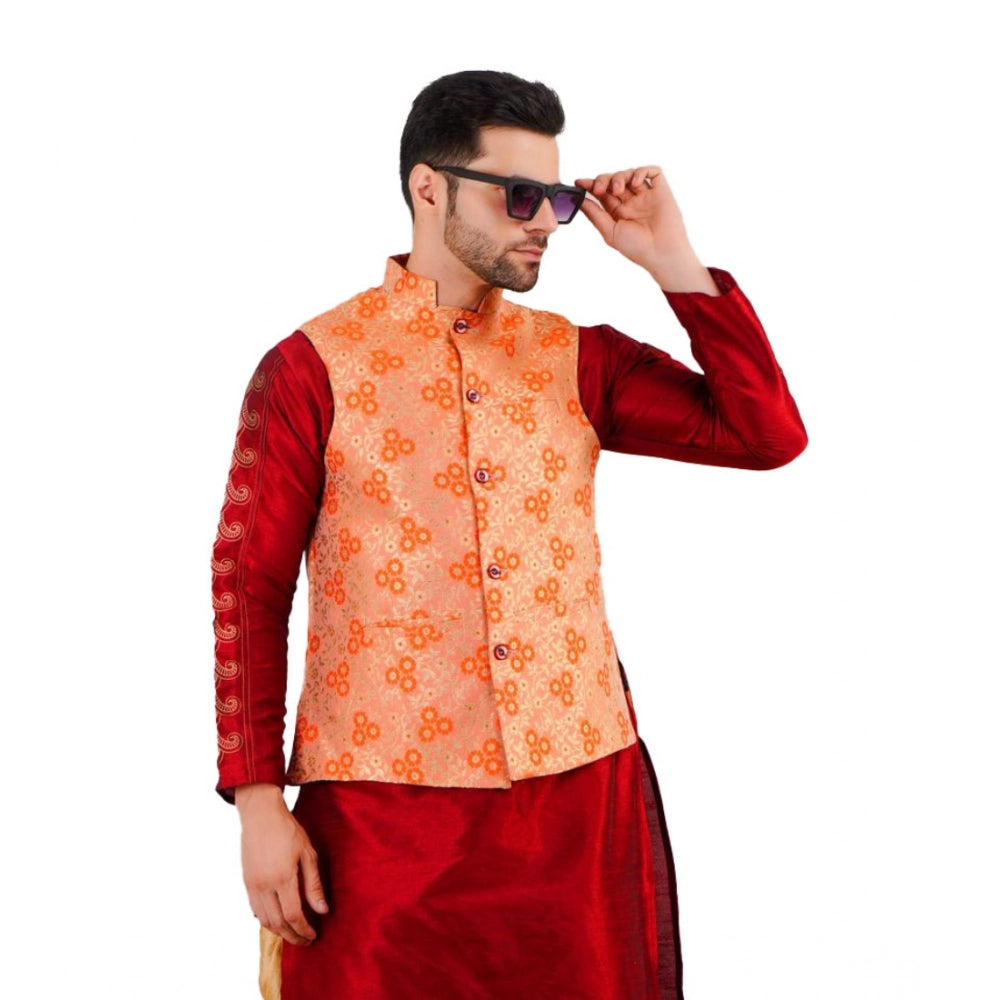 Generic Men's Jacquard Self-Design Sleeveless Mandarin Neck Waistcoat (Orange)