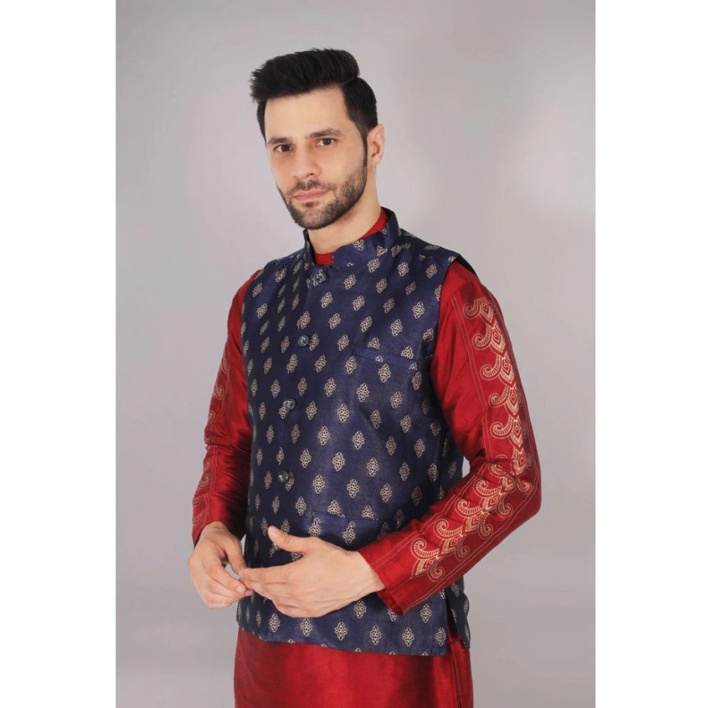 Generic Men's Jacquard Self-Design Sleeveless Mandarin Neck Waistcoat (NavyBlue-Gold)