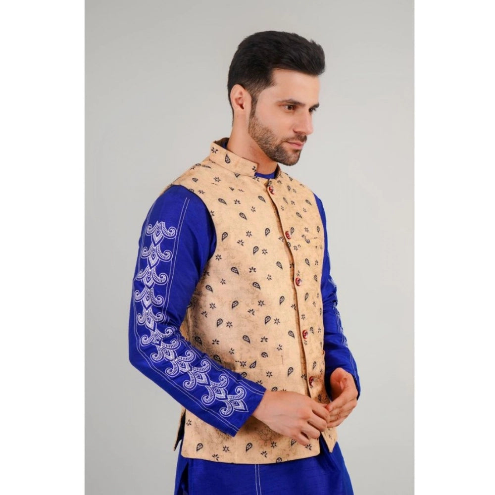 Generic Men's Jacquard Self-Design Sleeveless Mandarin Neck Waistcoat (Beige)