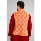 Generic Men's Jacquard Self-Design Sleeveless Mandarin Neck Waistcoat (Orange)