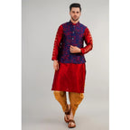 Generic Men's Jacquard Self-Design Sleeveless Mandarin Neck Waistcoat (Blue-Red)