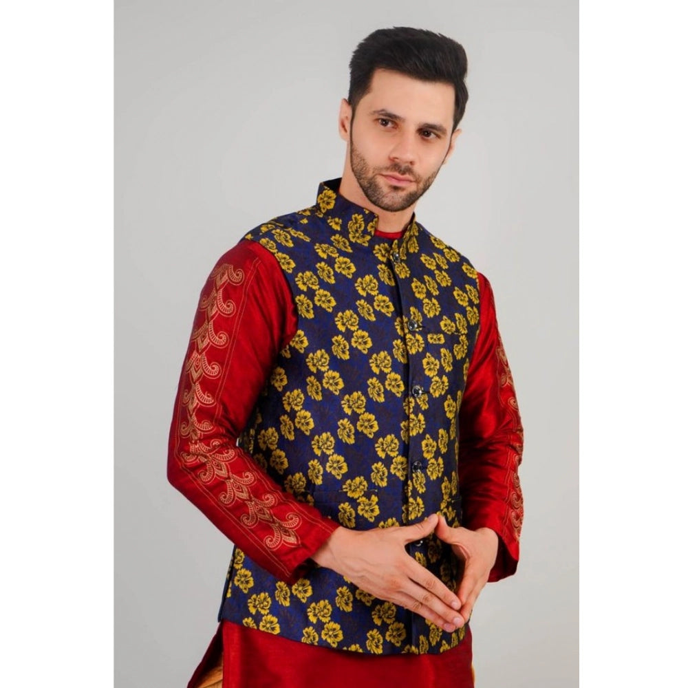 Generic Men's Jacquard Self-Design Sleeveless Mandarin Neck Waistcoat (Blue-Gold)