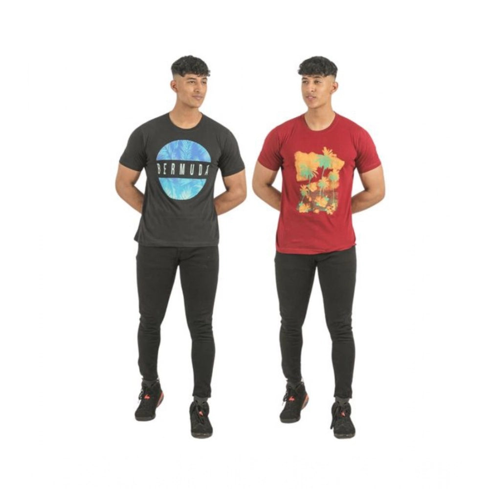 Generic Pack of 2 Men's Casual Cotton Printed Short Sleeve Tshirts (Multicolor)