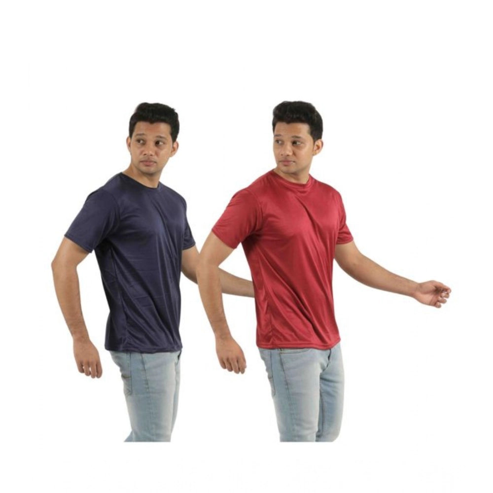 Generic Pack of 2 Men's Casual Polyester Blend Solid Short Sleeve Tshirts (Multicolor)