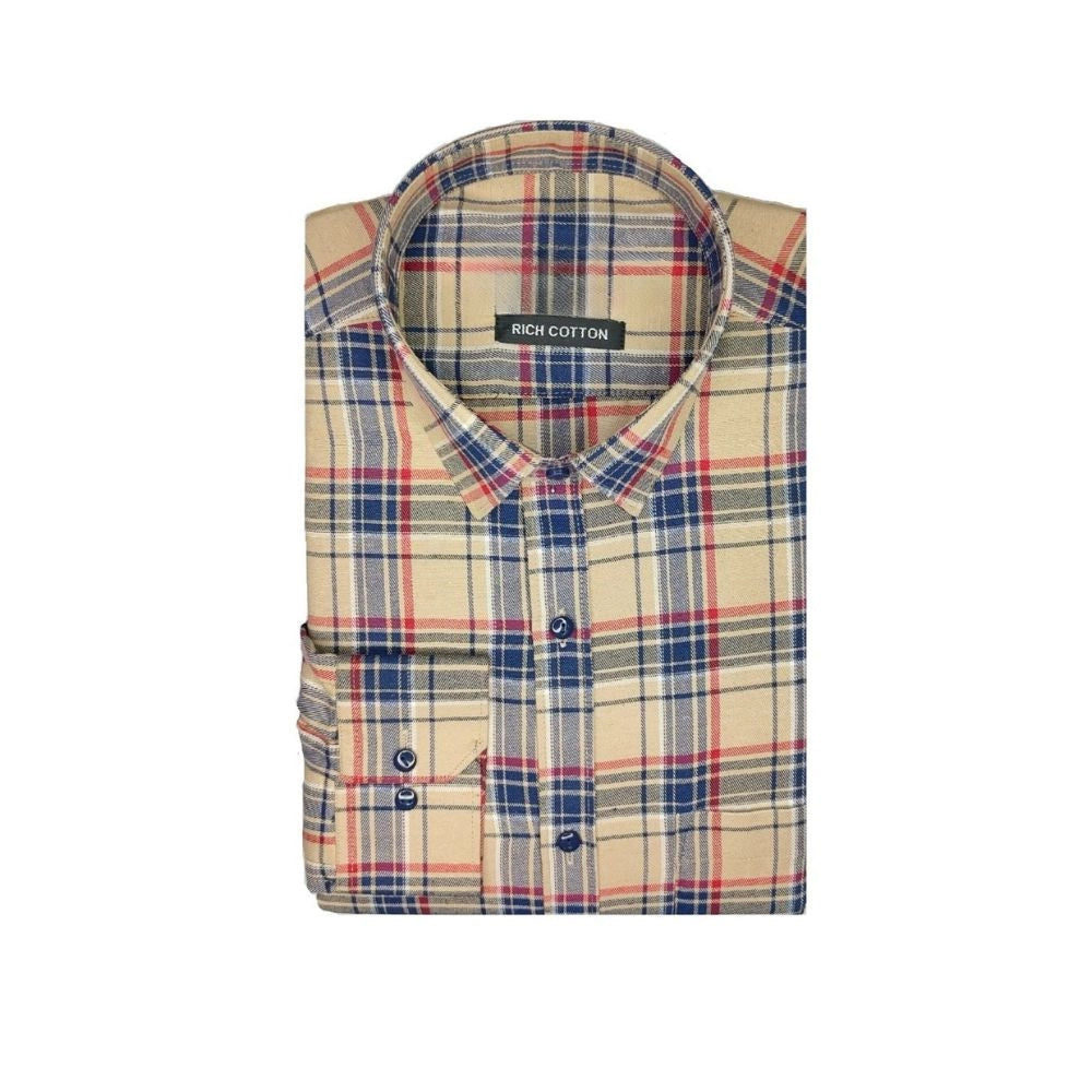 Generic Men's Cotton Lycra Full Sleeve Checked Casual Shirt (Brown)