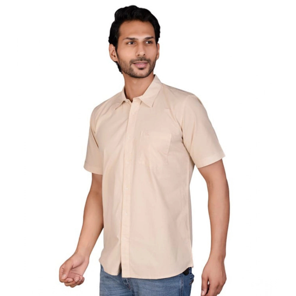 Generic Men's Casual Cotton Half Sleeve Solid Shirt (Beige)