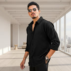 Generic Men's Casual Popcorn Self-design Full Sleeve Collar Shirt (Black)