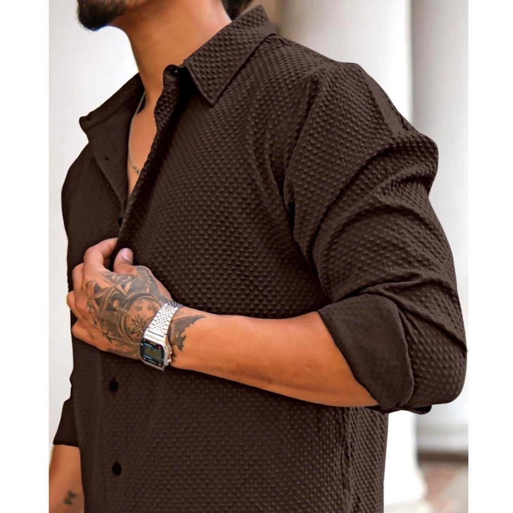 Generic Men's Casual Popcorn Self-design Full Sleeve Collar Shirt (Brown)