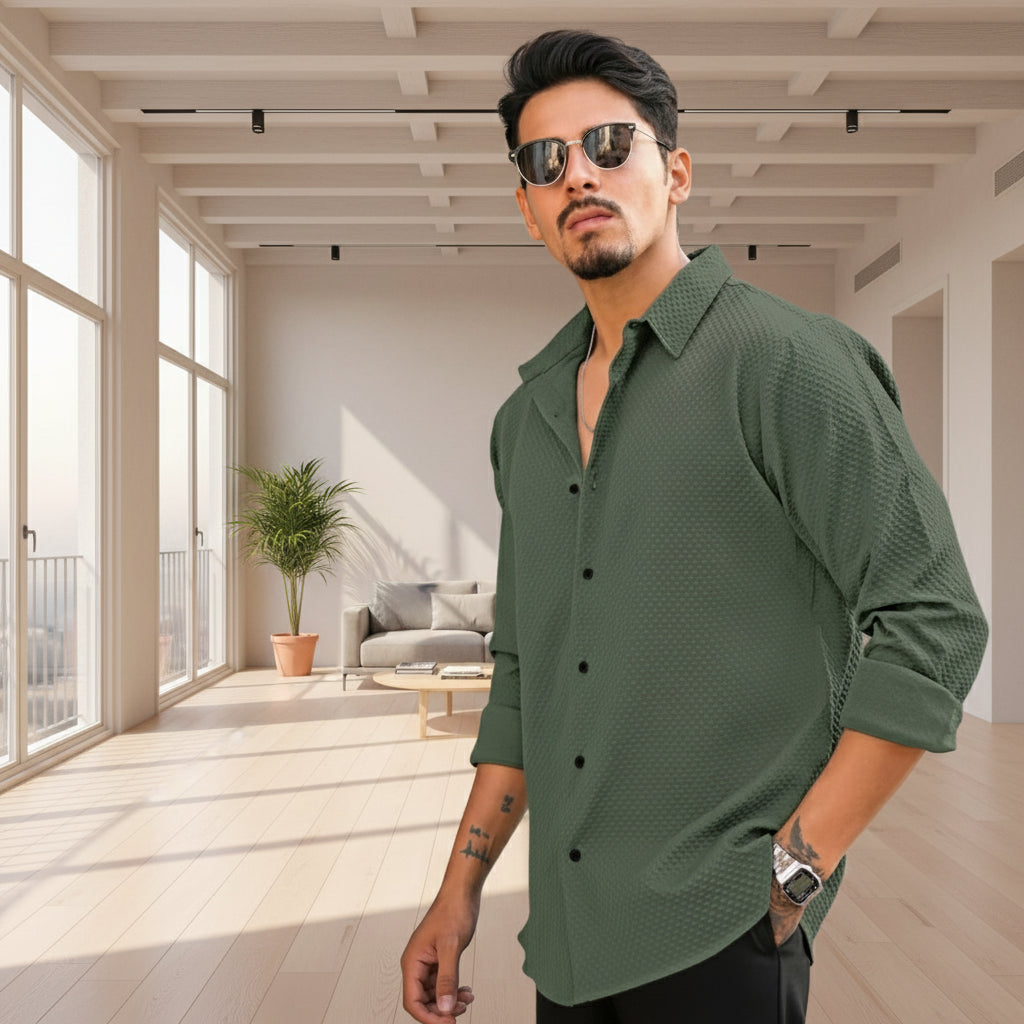 Generic Men's Casual Popcorn Self-design Full Sleeve Collar Shirt (Green)
