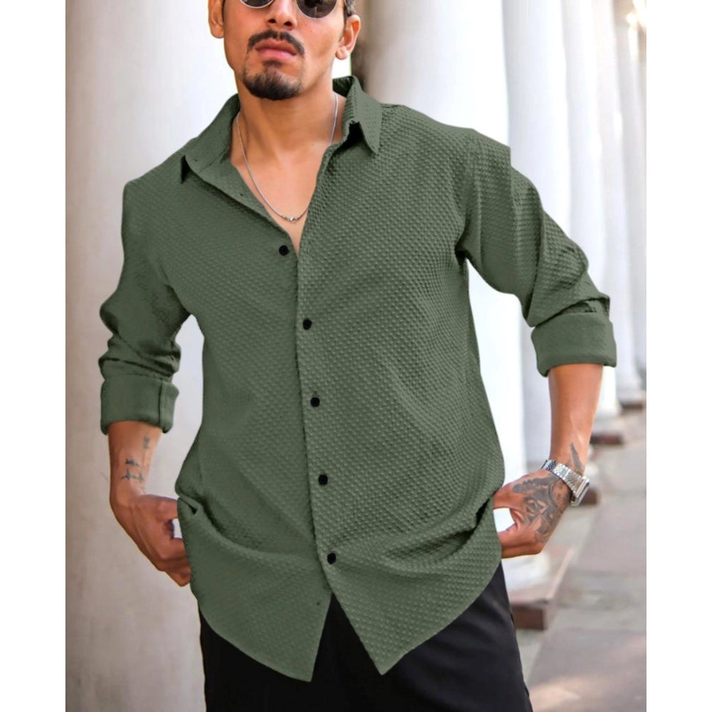 Generic Men's Casual Popcorn Self-design Full Sleeve Collar Shirt (Green)