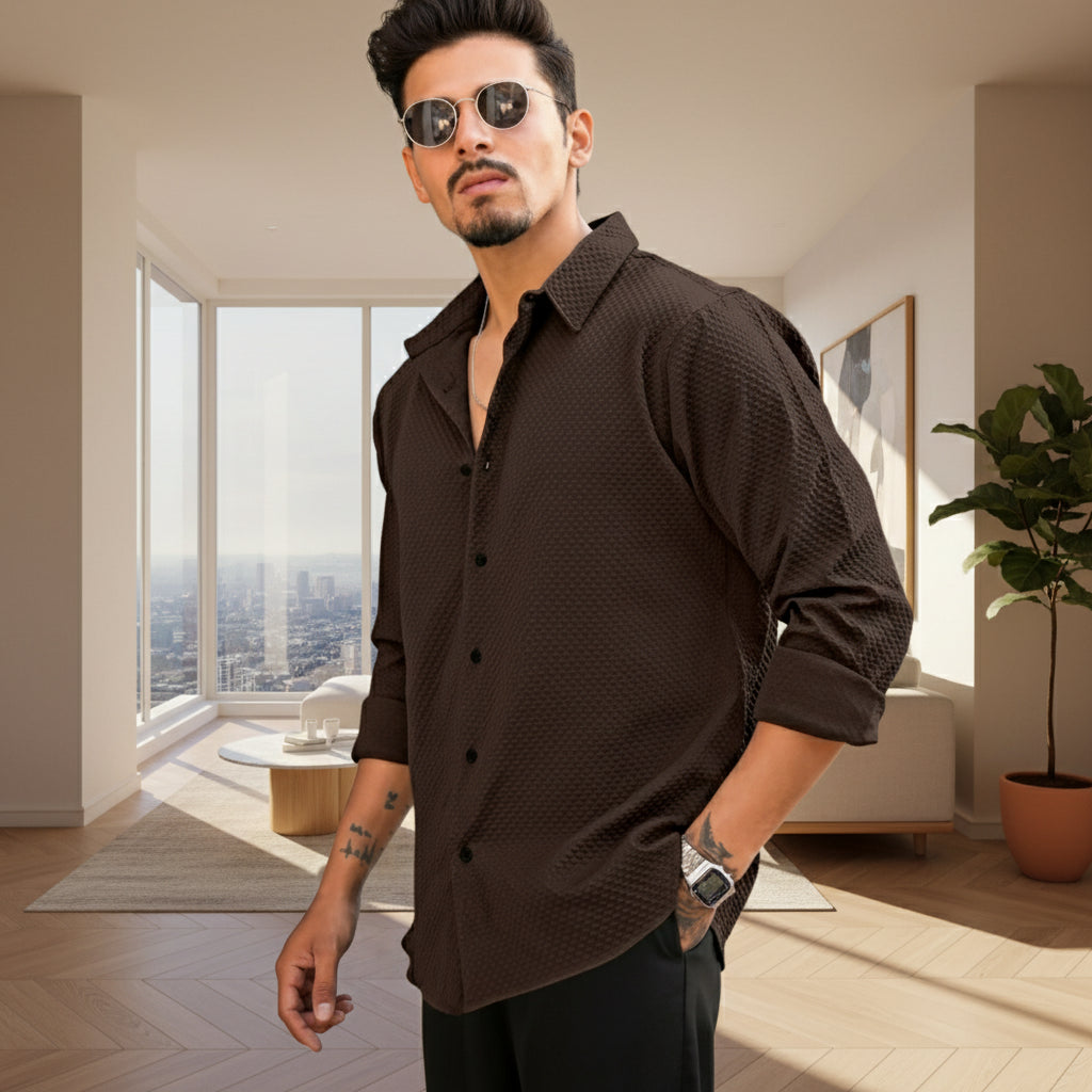 Generic Men's Casual Popcorn Self-design Full Sleeve Collar Shirt (Brown)