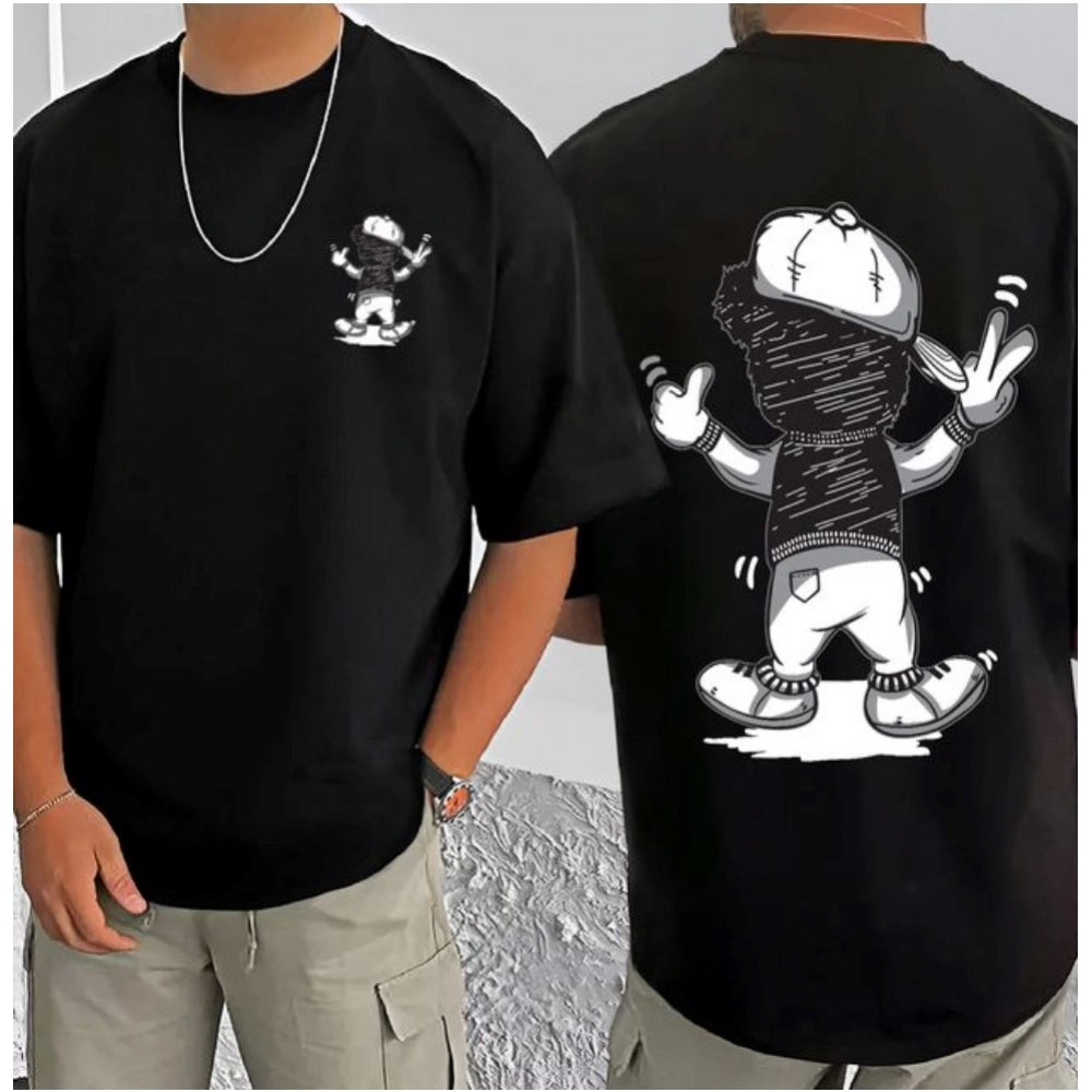 Generic Men's Casual Cotton Blend Printed Round Neck Half Sleeve T-Shirt (Black)