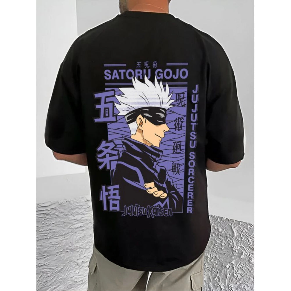 Generic Men's Casual Cotton Blend Printed Round Neck Half Sleeve T-Shirt (Black)