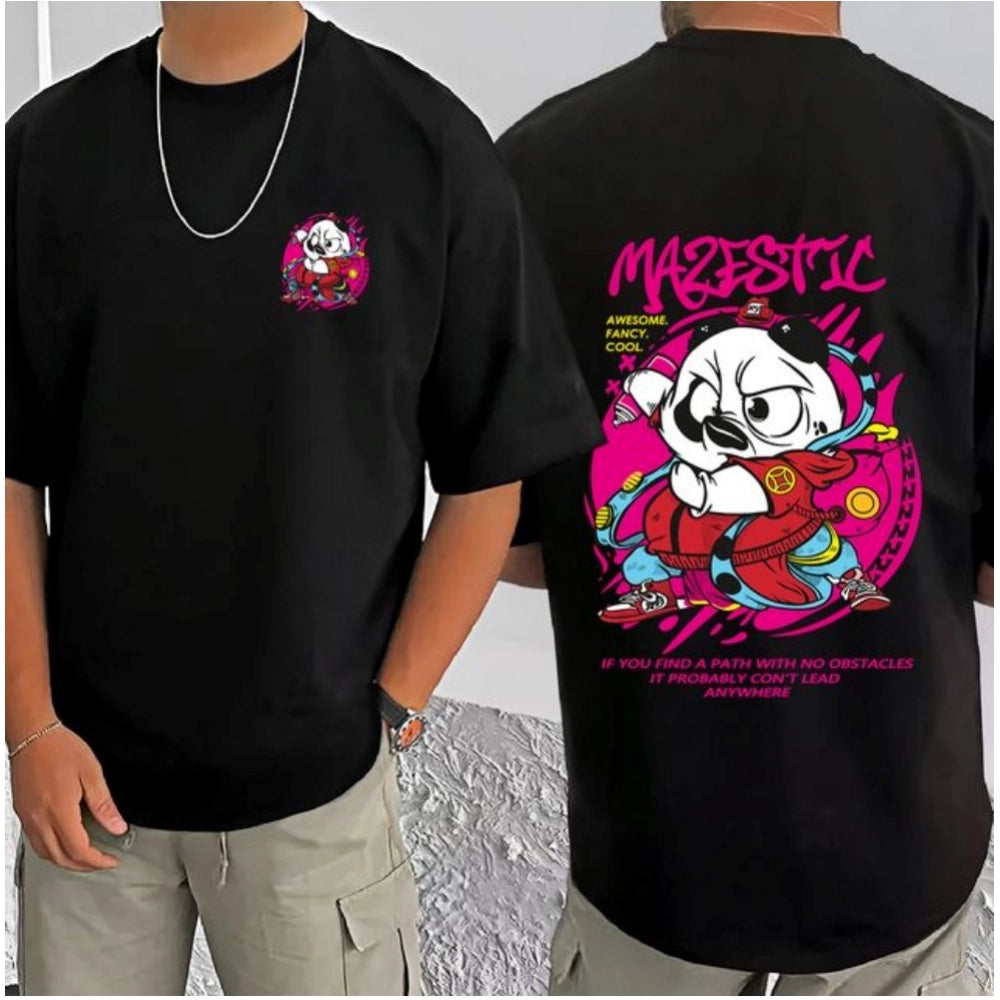 Generic Men's Casual Cotton Blend Printed Round Neck Half Sleeve T-Shirt (Black)