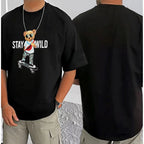 Generic Men's Casual Cotton Blend Printed Round Neck Half Sleeve T-Shirt (Black)