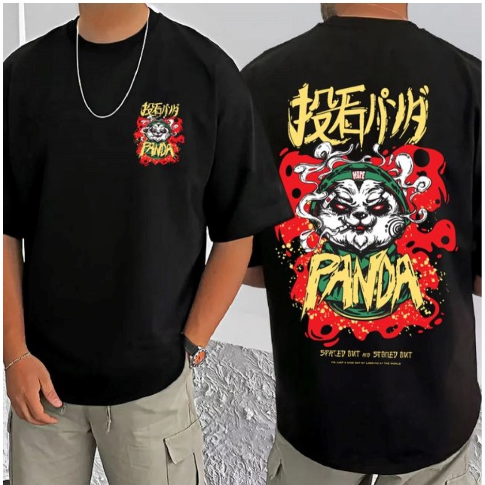 Generic Men's Casual Cotton Blend Printed Round Neck Half Sleeve T-Shirt (Black)