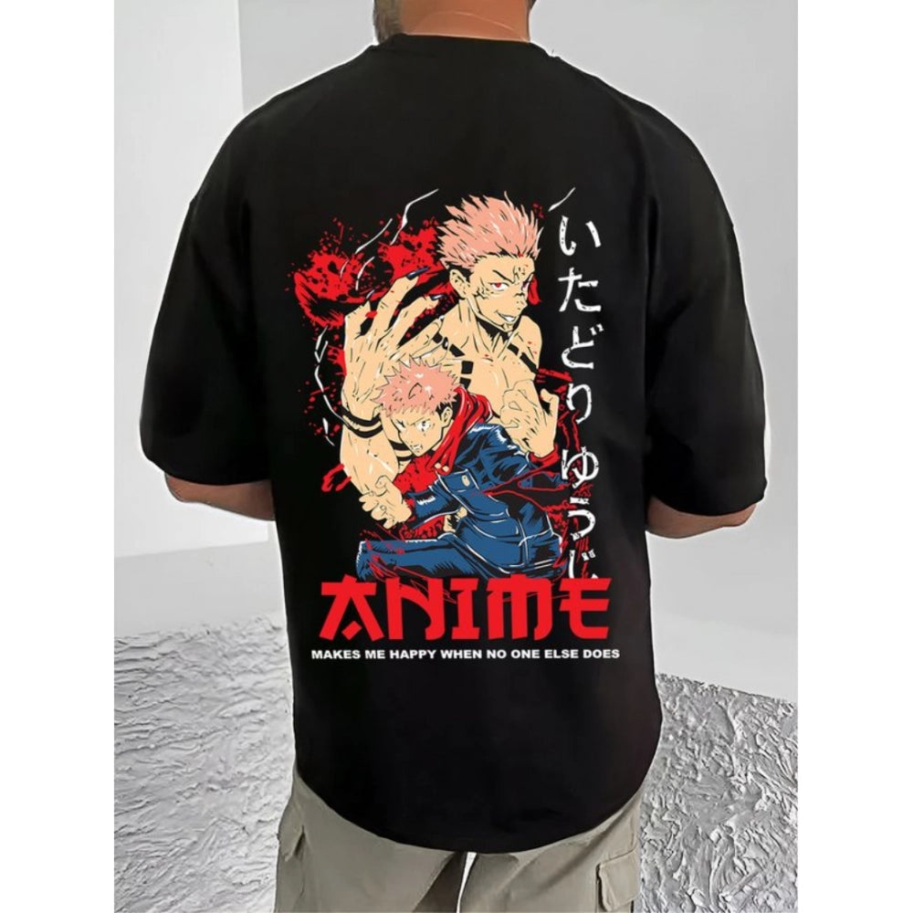 Generic Men's Casual Cotton Blend Printed Round Neck Half Sleeve T-Shirt (Black)